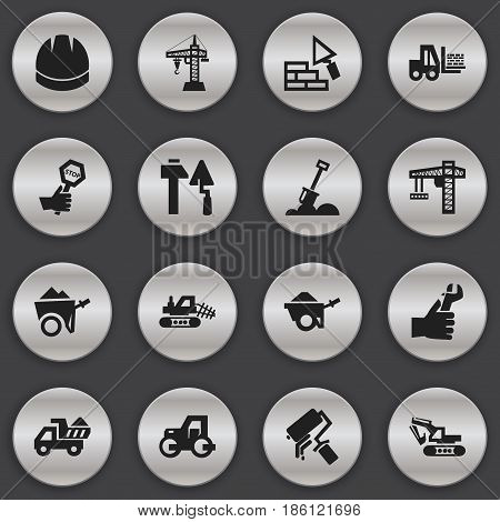 Set Of 16 Editable Construction Icons. Includes Symbols Such As Caterpillar, Oar, Elevator And More. Can Be Used For Web, Mobile, UI And Infographic Design.
