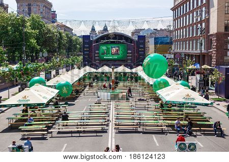 Kyiv, Ukraine - May 12h, 2017: The central fan zone of Eurovision 2017 in Kiev. Guests and residents of the capital are happy and celebrating