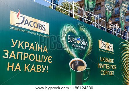 Kyiv, Ukraine - May 12h, 2017: The central fan zone of Eurovision 2017 in Kiev. Guests and residents of the capital are happy and celebrating