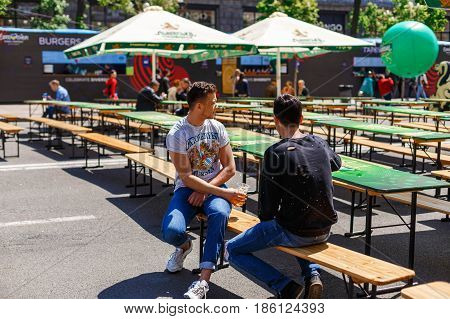 Kyiv, Ukraine - May 12h, 2017: The central fan zone of Eurovision 2017 in Kiev. Guests and residents of the capital are happy and celebrating
