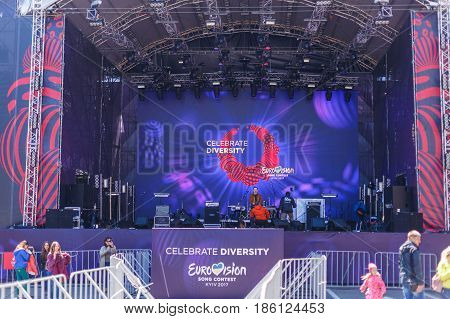 Kyiv, Ukraine - May 12h, 2017: The central fan zone of Eurovision 2017 in Kiev. Guests and residents of the capital are happy and celebrating