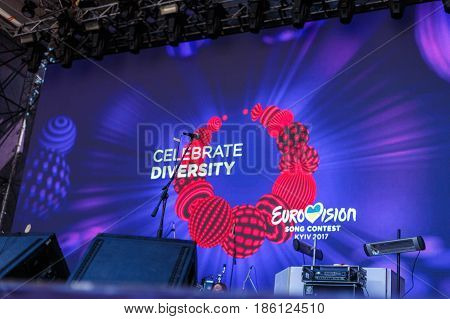 Kyiv, Ukraine - May 12h, 2017: The central fan zone of Eurovision 2017 in Kiev. Guests and residents of the capital are happy and celebrating
