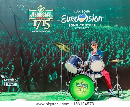 Kyiv, Ukraine - May 12h, 2017: The central fan zone of Eurovision 2017 in Kiev. Guests and residents of the capital are happy and celebrating