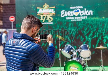 Kyiv, Ukraine - May 12h, 2017: The central fan zone of Eurovision 2017 in Kiev. Guests and residents of the capital are happy and celebrating