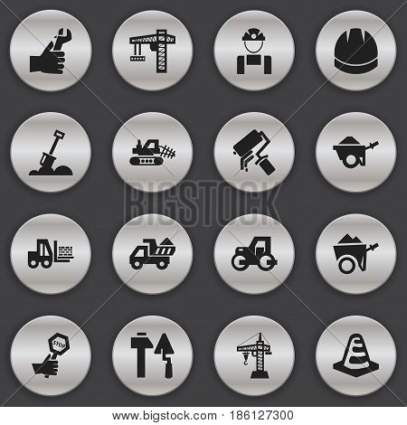 Set Of 16 Editable Construction Icons. Includes Symbols Such As Truck, Employee, Endurance And More. Can Be Used For Web, Mobile, UI And Infographic Design.