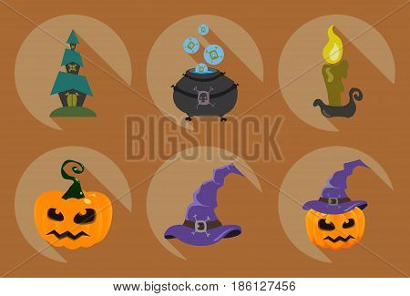 Set of halloween symbols: whitch pot,candle, pumpkin,hat