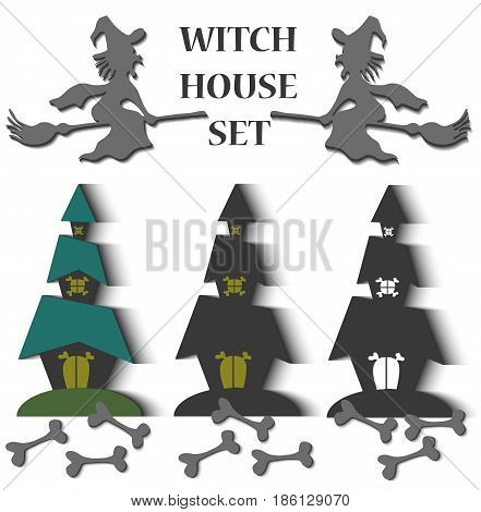 Witch house set. includes three type houses, witches on broom, and bones. Happy Halloween