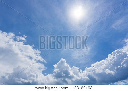 View on beautiful white clouds in a blue sky. Clouds and Skies in the Morning. 
The Sun behind Clouds. Fresh Air. Cloudy Weather. Cloud Formations. White Clouds