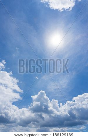 View on beautiful white clouds in a blue sky. Clouds and Skies in the Morning. 
The Sun behind Clouds. Fresh Air. Cloudy Weather. Cloud Formations. White Clouds