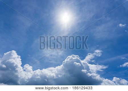 View on beautiful white clouds in a blue sky. Clouds and Skies in the Morning. 
The Sun behind Clouds. Fresh Air. Cloudy Weather. Cloud Formations. White Clouds
