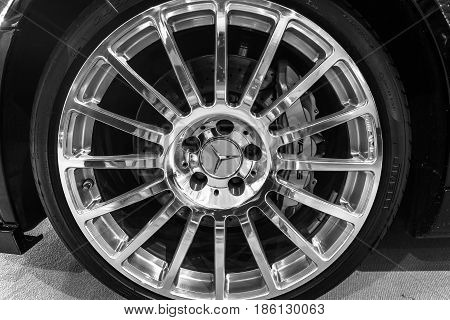 STUTTGART GERMANY - MARCH 02 2017: Front braking system of the mid-size luxury sports car Mercedes-Benz CLK63 AMG Black Series 2007. Black and white. Europe's greatest classic car exhibition 