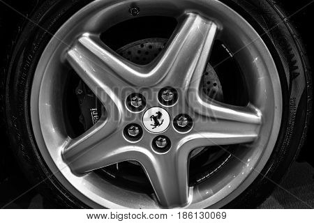 STUTTGART GERMANY - MARCH 02 2017: Front brake system of the sports car Ferrari 512 TR 1994. Black and white. Europe's greatest classic car exhibition 