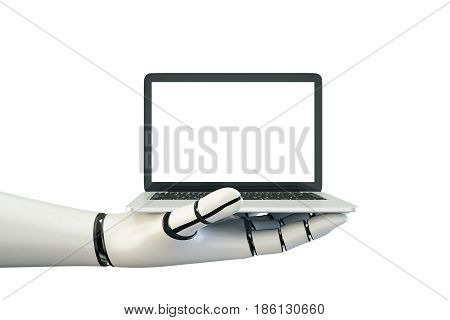 Side view of robot's hand holding notebook with empty screen on white background. Mock up 3D Rendering. Progress concept