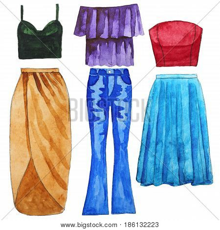 Skirt. Jeans. Top. Bardot. Wrap Tulle Hand drawn watercolor illustration Raster illustration