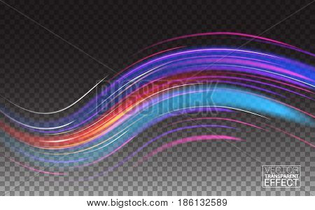 Futuristic Wave Flash. Abstract Motion Light Effect. Shining Space. Realistic Elements. TTemplate Cover Flyer Print Web Banner. Vector Illustration Transparent Background.