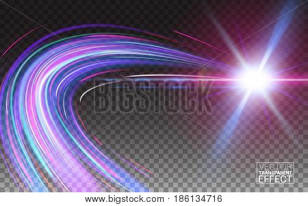 meteor and comet. Fall star in space fantasy science in cosmos asteroid color galaxy. TTemplate Cover Flyers Print Web Banner. Effect Realistic Elements. Vector Illustration Transparent Background.