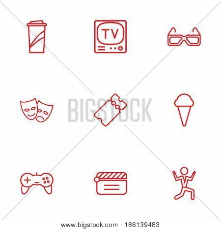 Set Of 9 Entertainment Outline Icons Set.Collection Of 3D Glasses, Game Controller, Ice Cream And Other Elements.