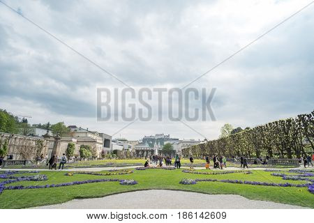 Salzburg, Austria - 14 April 2017 : People Around The Mirabellgarten Or Mirabell Gardens, The Famous