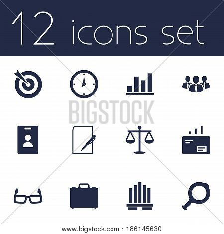 Set Of 12 Enterprise Icons Set.Collection Of Pen, Spectacles, Goal And Other Elements.