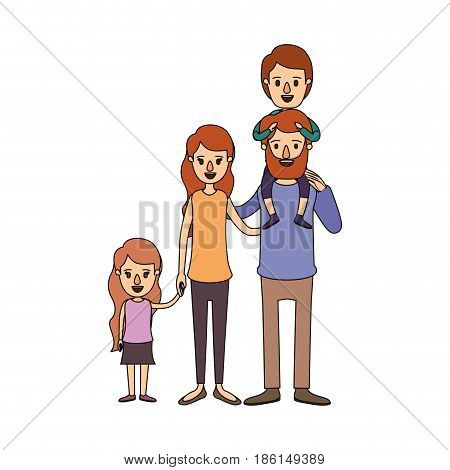 color image caricature big family parents with boy on his back and daugther taken hands vector illustration