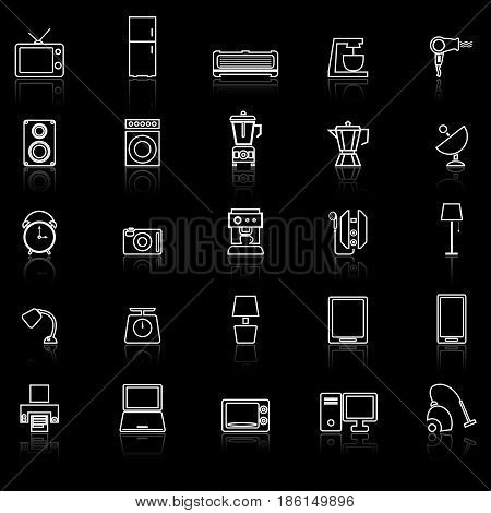 Household line icons with reflect on black background, stock vector