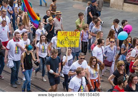 ZAGREB, CROATIA - JUNE 11, 2016: 15th Zagreb pride. LGBTIQ activists on Illica street heading to main square.