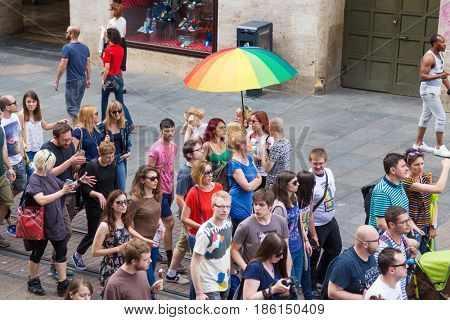 ZAGREB, CROATIA - JUNE 11, 2016: 15th Zagreb pride. LGBTIQ activists on Illica street heading to main square.