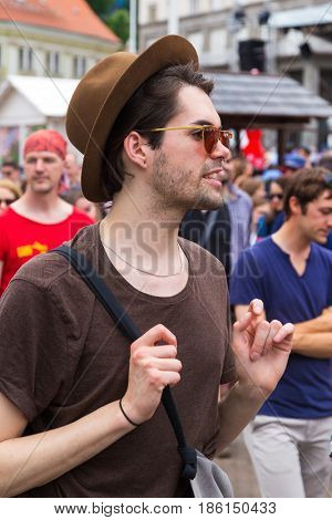 ZAGREB, CROATIA - JUNE 11, 2016: 15th Zagreb pride. LGBTIQ activists on Ban Josip Jelacic square.