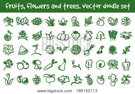 Vector doodle fruits flowers and trees icons set. Stock cartoon signs for design.
