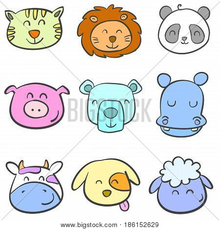 Doodle animal head colorful illustration collection stock