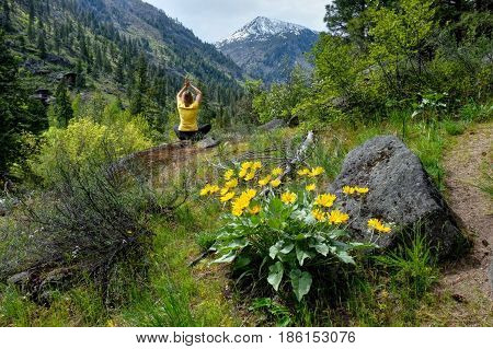 Woman meditating in nature. Alpine meadows in Cascade Mountains. Oregon. The United States.