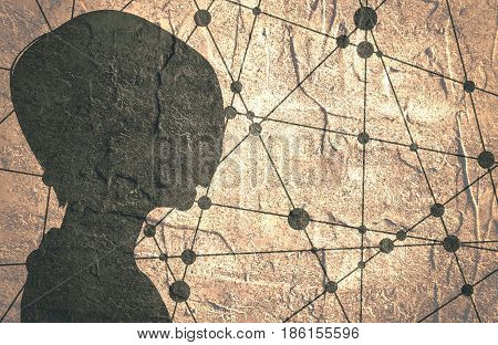 Silhouette of a woman's head. Mental health relative brochure or report design template. Scientific design. Communication Background. Connected lines with dots. Concrete textured