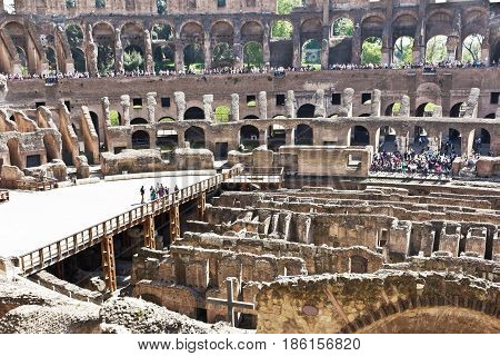Rome, Italy - March 12, 2017: View on Coliseum. It construction started in 72 AD under emperor Vespasian and was completed in 80 AD , in Rome, Italy