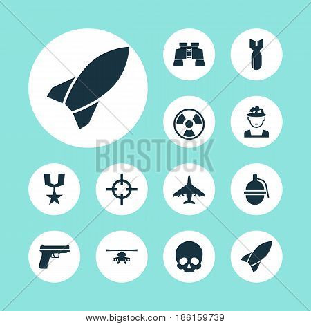 Battle Icons Set. Collection Of Dangerous, Bombshell, Glass And Other Elements. Also Includes Symbols Such As Zoom, Bomber, Sniper.