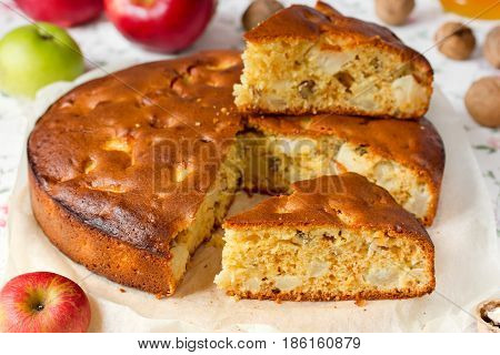 Honey walnut apple pie on kitchen table