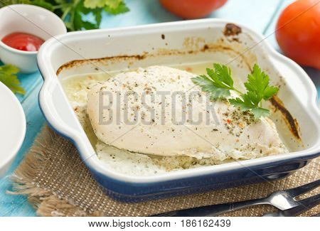 Baked chicken breast fillet in kefir marinade