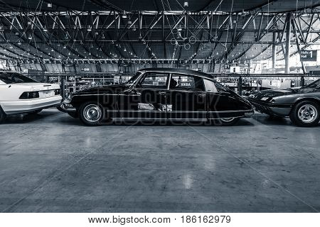 STUTTGART GERMANY - MARCH 02 2017: Mid-size luxury car Citroen DS23 Pallas 1973. Stylization. Toning. Europe's greatest classic car exhibition 