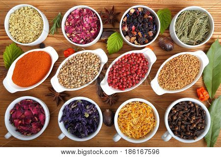 Rose petals and marigold and other herbs for aromatherapy herbal medicine. Spices.