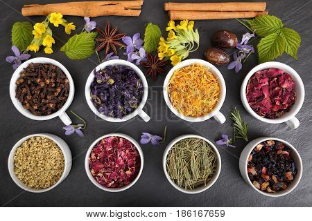 Rose petals and marigold and other herbs for aromatherapy herbal medicine.