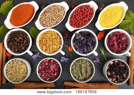 Rose petals and marigold and other herbs for aromatherapy herbal medicine. Spices.