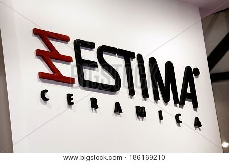 Moscow, Russia - March, 2017: Estima ceramica company logo on the wall.