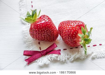 Two Strawberries On Fabric, Ribbon Bow