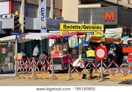 Wallisellen, Switzerland - 13 May, 2017: people on a street market. This market is arranged in the town of Wallisellen annually in May.