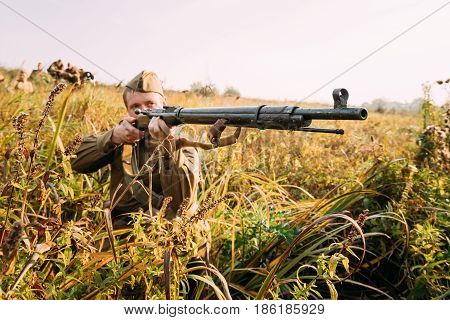 Dyatlovichi, Belarus - October 2, 2016: Reenactor Dressed As Russian Soviet Red Army Soldier Of World War II Hidden Sitting And Aiming Rifle Weapon In Grass In Autumn Forest