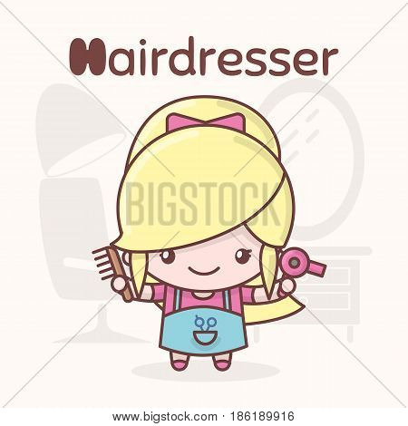 Cute Chibi Kawaii Characters. Alphabet Professions. Letter H - Hairdresser
