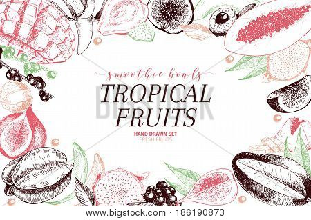 Vector hand drawn smoothie bowls poster. Exotic engraved fruits. Colored art. Frame border composition. Banana, mango, papaya, pitaya, acai, lychee, fig. for exotic restaurant market food delivery