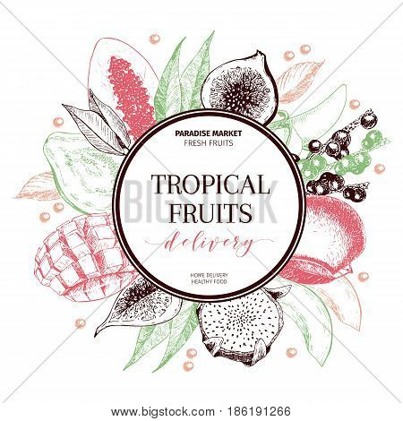 Vector hand drawn smoothie bowls poster. Exotic engraved fruits. Colored art. Round border composition. Banana, mango, papaya, pitaya, acai, lychee, fig. for exotic restaurant market food delivery