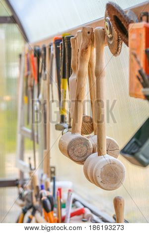Home workshop full of wooden and other tools
