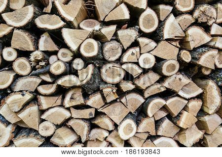 Background of dry chopped oak firewood logs stacked up on top of each other in a pile