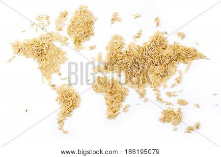 map of the world made of raw natural rice on white background